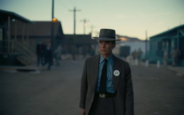 HD desktop wallpaper featuring a historical drama theme with a suited character standing in a vintage setting, evoking the movie Oppenheimer.