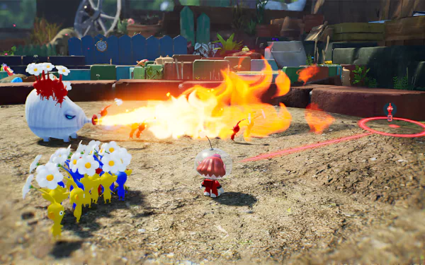 HD desktop wallpaper from Pikmin 4 featuring a vibrant in-game scene with a character and Pikmin navigating around fiery obstacles.