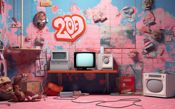 Y2K retro-themed room with vintage electronics and pink decor, ideal for HD desktop wallpaper and background.