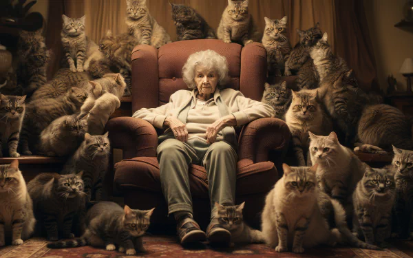 AI-generated art of a grandmother surrounded by multiple cats, creating a cozy and detailed HD desktop wallpaper background.