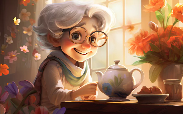 A cheerful grandmother with glasses smiles while sitting at a table, surrounded by flowers and sunlight, as she pours tea from a delicate teapot, creating a warm, inviting scene.