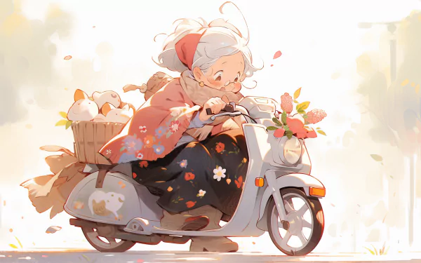 A charming illustration of a grandmother riding a scooter, adorned with flowers and a basket, set against a soft, light background. This HD image captures a joyful, whimsical moment.