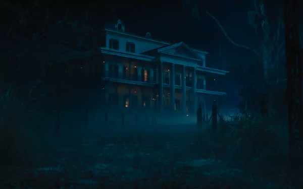 HD desktop wallpaper of a spooky, illuminated mansion in a foggy, eerie forest setting from the movie Haunted Mansion.