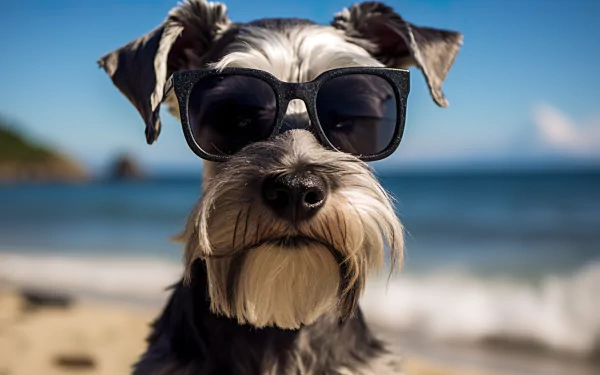 HD desktop wallpaper featuring a schnauzer dog wearing sunglasses at a beach.