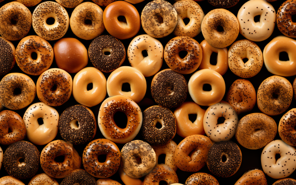 Assorted bagels in high definition, perfect for desktop wallpaper and background, featuring an array of sesame and poppy seed bagels.