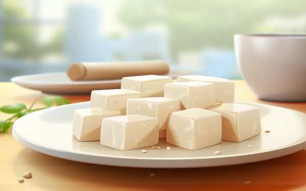HD desktop wallpaper featuring a plate of freshly cut tofu cubes on a kitchen counter, with cooking utensils in the background.