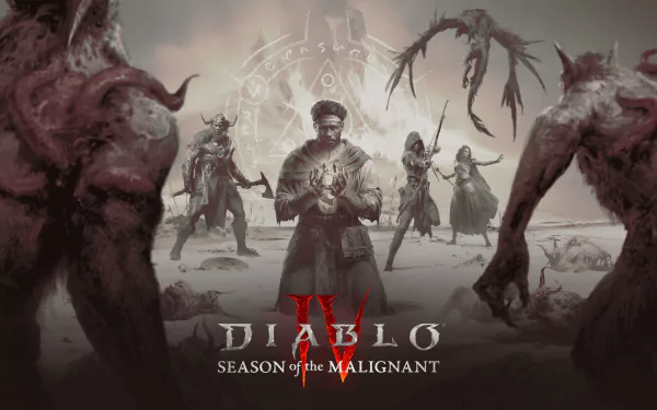 HD desktop wallpaper for Diablo IV, featuring a dramatic scene with a central character and menacing figures, titled Season of the Malignant.