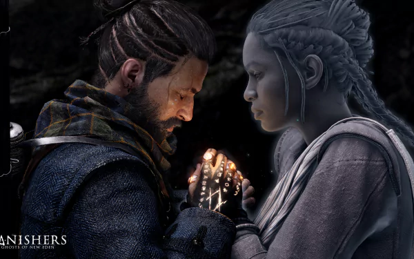 HD desktop wallpaper for Banishers: Ghosts of New Eden featuring a man and a spectral woman examining a glowing artifact in a dark, mysterious setting.