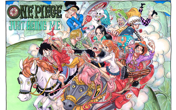 HD desktop wallpaper from One Piece featuring characters Sabo, Portgas D. Ace, Bartolomeo, Boa Hancock, and Trafalgar Law in a vibrant and dynamic group illustration.