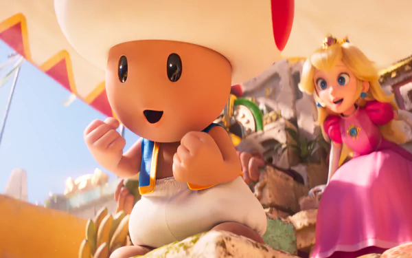 HD desktop wallpaper from the Super Mario Bros. movie (2023), featuring Toad and Princess Peach in a vibrant, sunny setting.