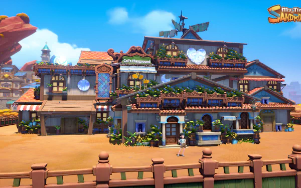 HD desktop wallpaper from My Time at Sandrock showcasing a vibrant town square with buildings and a clear blue sky.