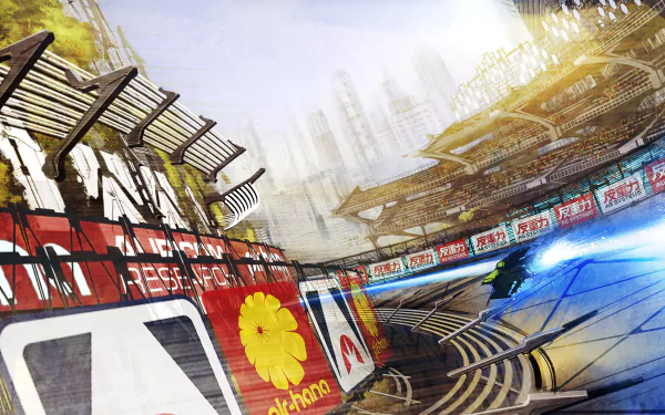 HD desktop wallpaper from the video game Wipeout Omega Collection, featuring a futuristic racetrack with vibrant graphics and high-speed racing crafts.