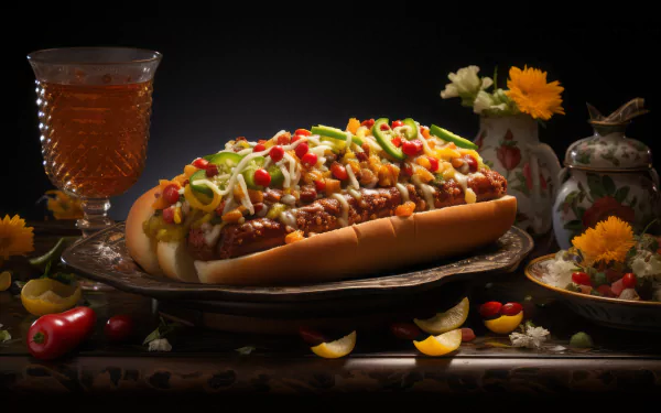 A vibrant chili dog topped with colorful ingredients rests on a decorative plate, accompanied by a glass of drink and surrounded by fresh herbs and flowers, creating an enticing food scene.