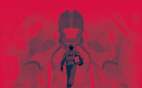 HD desktop wallpaper from the video game Starfield, featuring a bold red silhouette of an astronaut.