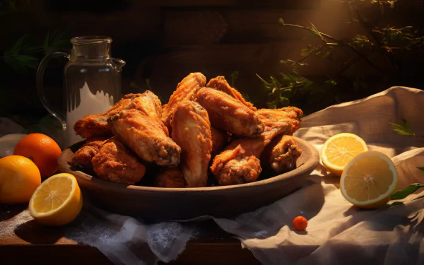 A beautifully arranged plate of crispy chicken wings, surrounded by fresh lemons and oranges, captures the essence of delicious home-cooked food in this vibrant HD wallpaper.