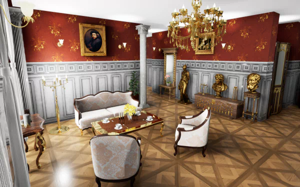 HD wallpaper of an elegantly renovated room from the video game Hotel Renovator, featuring opulent decor with golden chandeliers and classical furniture.