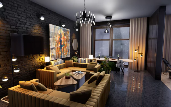 HD desktop wallpaper from the video game Hotel Renovator showcasing a stylishly renovated hotel lounge with modern furnishings and elegant decor.