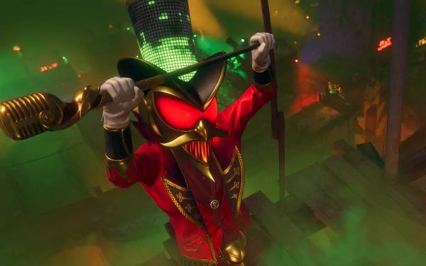 HD wallpaper from Saints Row (2022) featuring a character in a red and gold costume with a mask, wielding a baseball bat on a vibrant cityscape background.