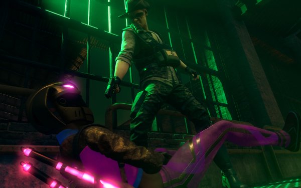HD wallpaper featuring a dynamic scene from Saints Row (2022) with a character in action against a neon-lit urban backdrop.