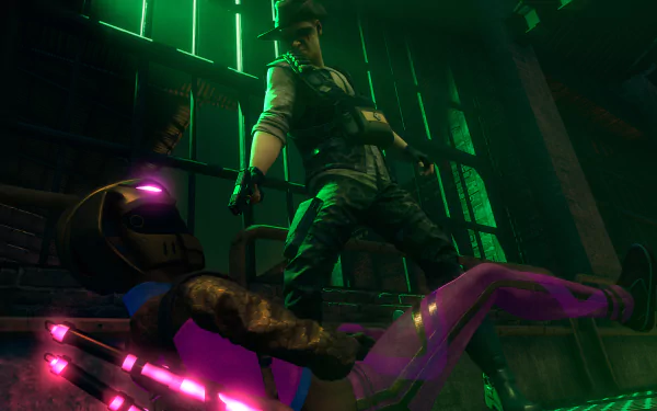 HD desktop wallpaper from Saints Row (2022) showcasing a dynamic nighttime scene with a character stepping over a defeated enemy, highlighted by vibrant neon lights.