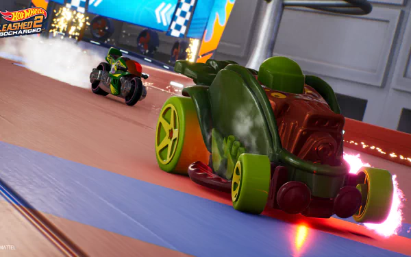 HD desktop wallpaper from Hot Wheels Unleashed 2: Turbocharged featuring dynamic race cars on a vibrant track with bright effects.