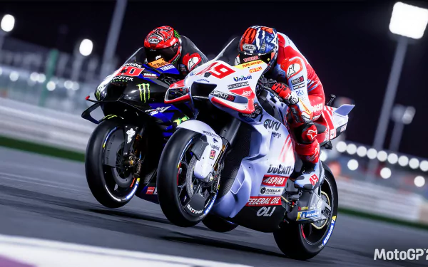 HD desktop wallpaper from MotoGP 23 video game featuring two riders competing in a high-speed night race.