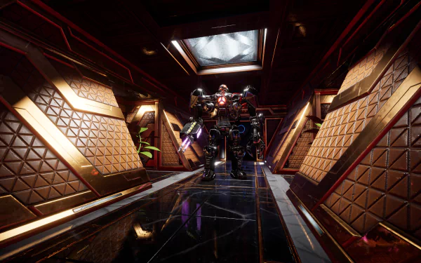 HD desktop wallpaper from the video game System Shock (2023), featuring a robotic enemy in a futuristic, ornately designed corridor.