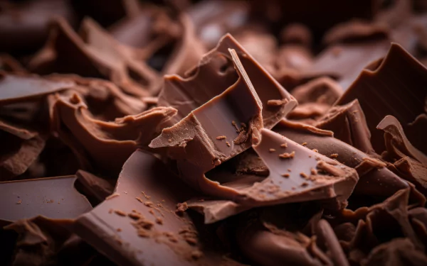 Close-up of rich chocolate shards, beautifully textured and detailed, creating a captivating HD desktop wallpaper that celebrates the delicious allure of food through AI art.