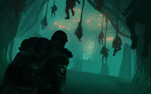 HD desktop wallpaper from the video game Edge of Nowhere, featuring a character observing hanging creatures in a mysterious, green-lit cave environment.