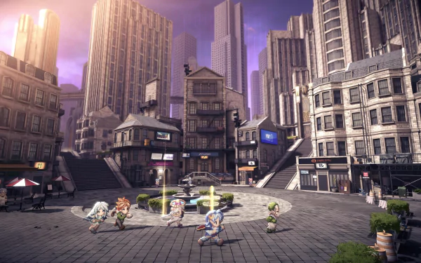 HD wallpaper featuring a cityscape scene from Star Ocean: The Second Story R with characters engaged in battle.