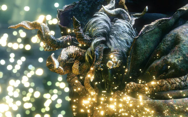 HD wallpaper of Margit, the Fell Omen from Elden Ring, depicted with glowing effects in a dynamic battle scene.