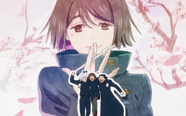 4K Ultra HD anime wallpaper featuring Satoru Gojo, Shoko Ieiri, and Suguru Geto from Jujutsu Kaisen with a soft cherry blossom background.