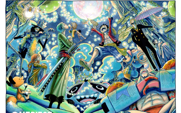A vibrant HD wallpaper featuring One Piece characters Brook, Zoro, Luffy, Sanji, and Franky in an adventurous scene filled with whimsical elements and colorful backgrounds.