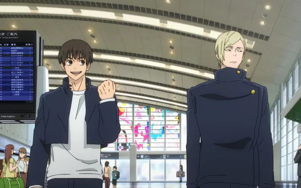HD wallpaper featuring characters Yu Haibara and Kento Nanami from Jujutsu Kaisen 2nd Season, set in a lively airport environment.