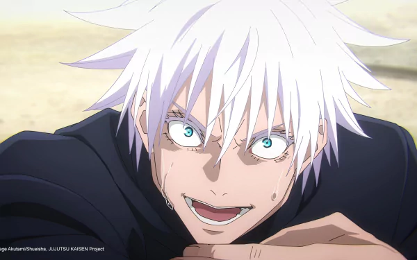 HD desktop wallpaper featuring Satoru Gojo from Jujutsu Kaisen 2nd Season with a vibrant smile and striking blue eyes.