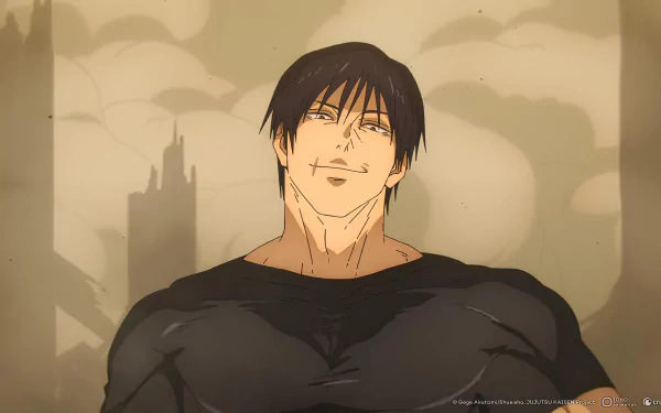 HD desktop wallpaper featuring Toji Fushiguro from Jujutsu Kaisen 2nd Season with a stylized backdrop.