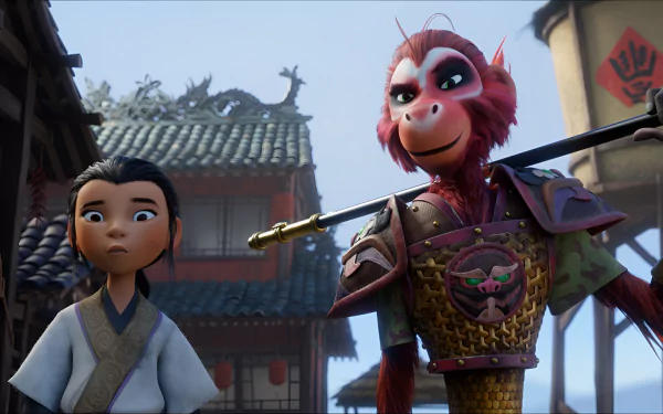 HD desktop wallpaper featuring characters from the 2023 movie The Monkey King, with a young boy and the animated Monkey King in a traditional Chinese setting.