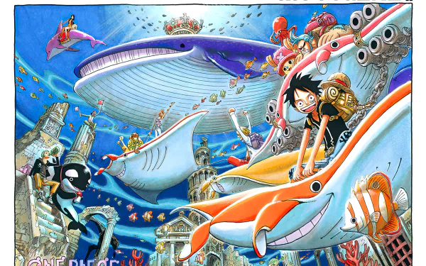 HD wallpaper featuring Monkey D. Luffy, Franky, and Tony Tony Chopper from One Piece in a vibrant, adventurous manga-style scene.