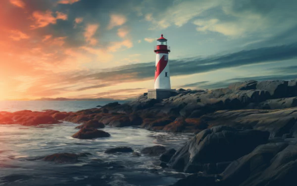 AI art of a red and white lighthouse on a rocky shore at sunset, available as an HD desktop wallpaper and background.