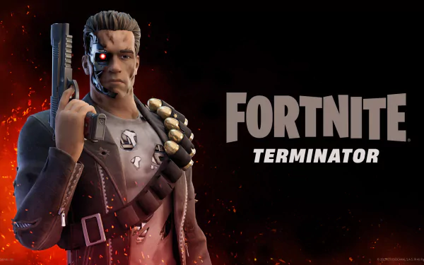 HD desktop wallpaper featuring the Terminator character from Fortnite, holding a gun with a red backdrop.