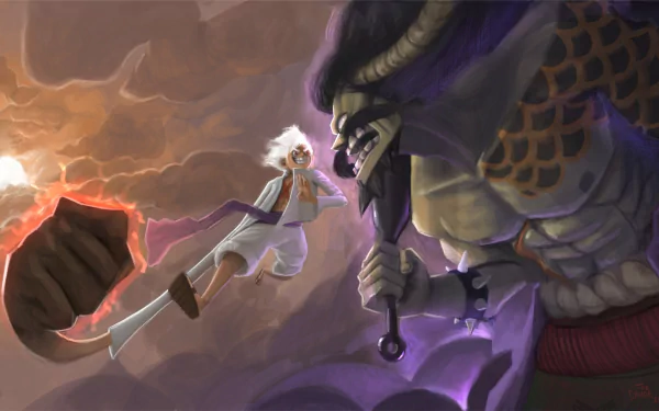 HD PC wallpaper, One Piece anime showdown: Gear 5 Monkey D. Luffy clashes with towering Kaido amid stormy clouds and lightning.