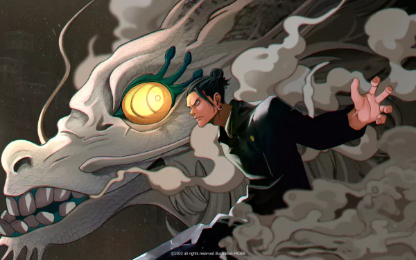 HD desktop wallpaper featuring Suguru Geto from the anime Jujutsu Kaisen, depicted in a dynamic pose with a mystical, smoky dragon in the background.