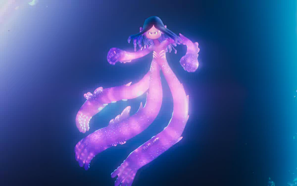 HD wallpaper of Ruby Gillman, the teenage kraken, from the movie, depicted underwater with glowing purple tentacles.