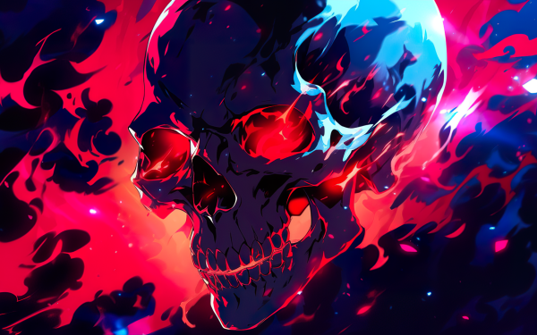 HD skull wallpaper with vibrant red and blue flames for desktop background.