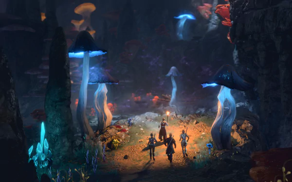HD desktop wallpaper featuring a mystical scene from Baldur's Gate 3 with adventurers exploring an otherworldly, luminous underground environment, surrounded by towering mushrooms and vibrant flora.