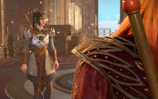 Baldur's Gate 3 HD wallpaper featuring a detailed character in armor inside a grand hall with sunlight streaming in.