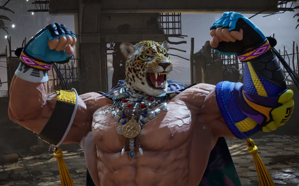 HD desktop wallpaper of King from Tekken 8 video game, featuring the character in a dynamic pose with a jaguar mask, set in a gritty arena background.