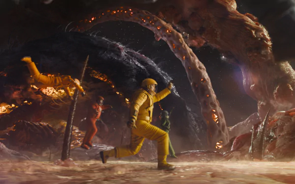 A scene from Guardians of the Galaxy Vol. 3, featuring characters in vibrant costumes navigating a surreal, colorful environment filled with tentacles and glowing elements.