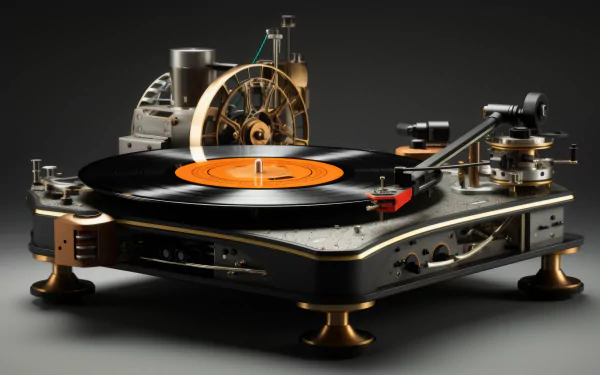 High-definition desktop wallpaper featuring a sleek modern turntable playing a vinyl record, with intricate detailing and a dark background, perfect for music enthusiasts.