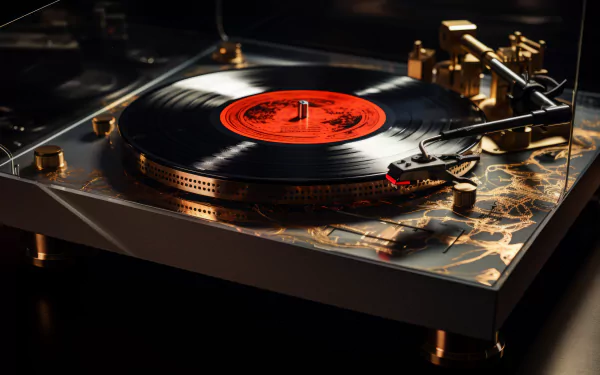 Vinyl record player on a desk with golden accents, HD wallpaper for desktop background.